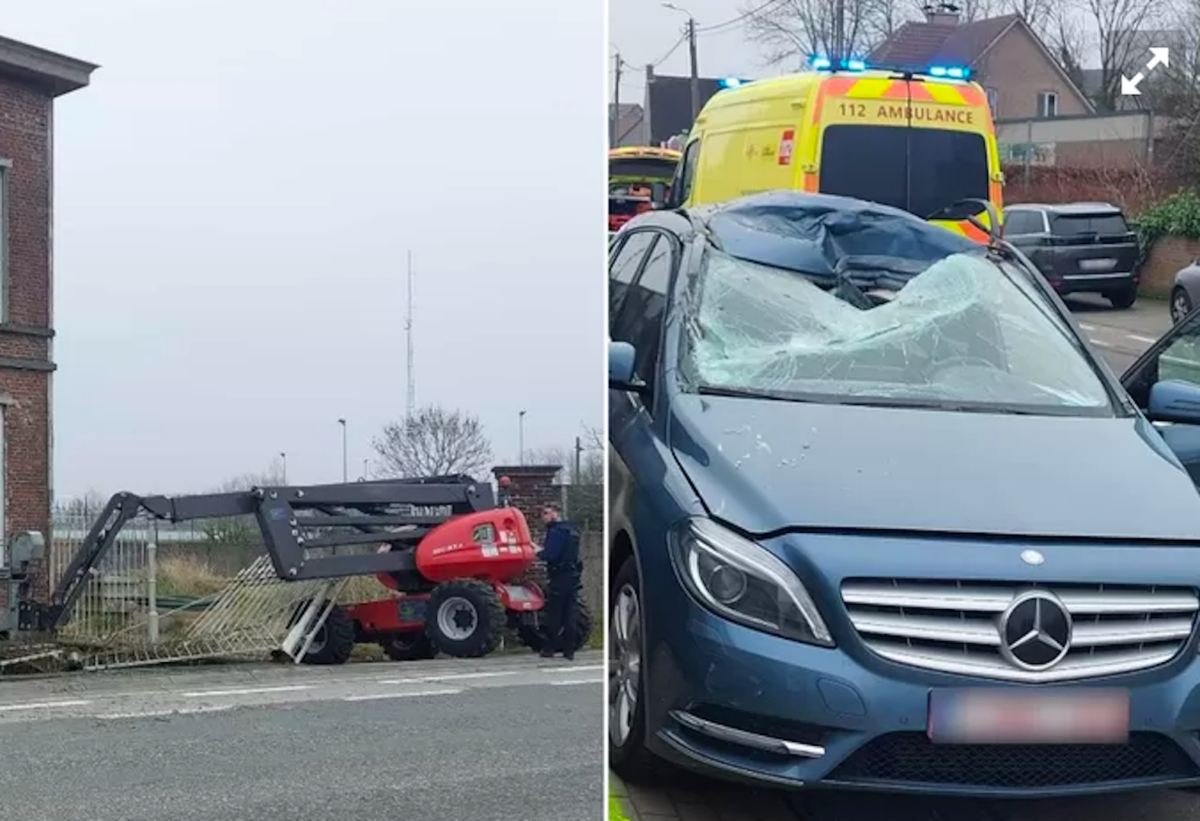un ouvrier détruit une voiture en chutant d'une nacelle